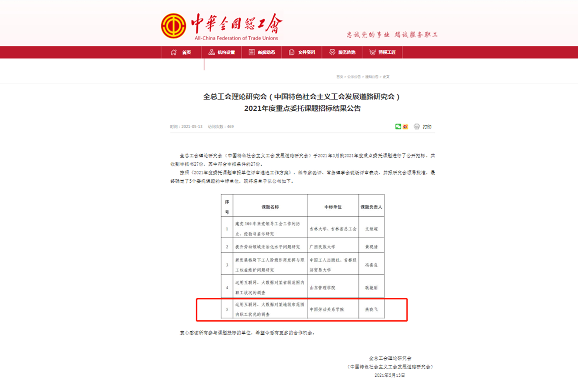 我校喜获全总工会理论研究会（中国特色社会主义工会发展道路研究会）2021年度委托课题立项