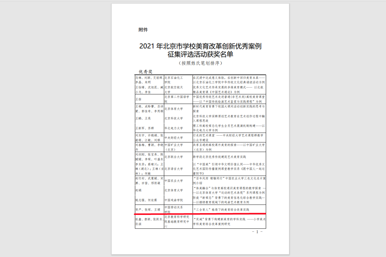 我校喜获2021年北京市学校美育改革创新优秀案例征集评选甲类奖