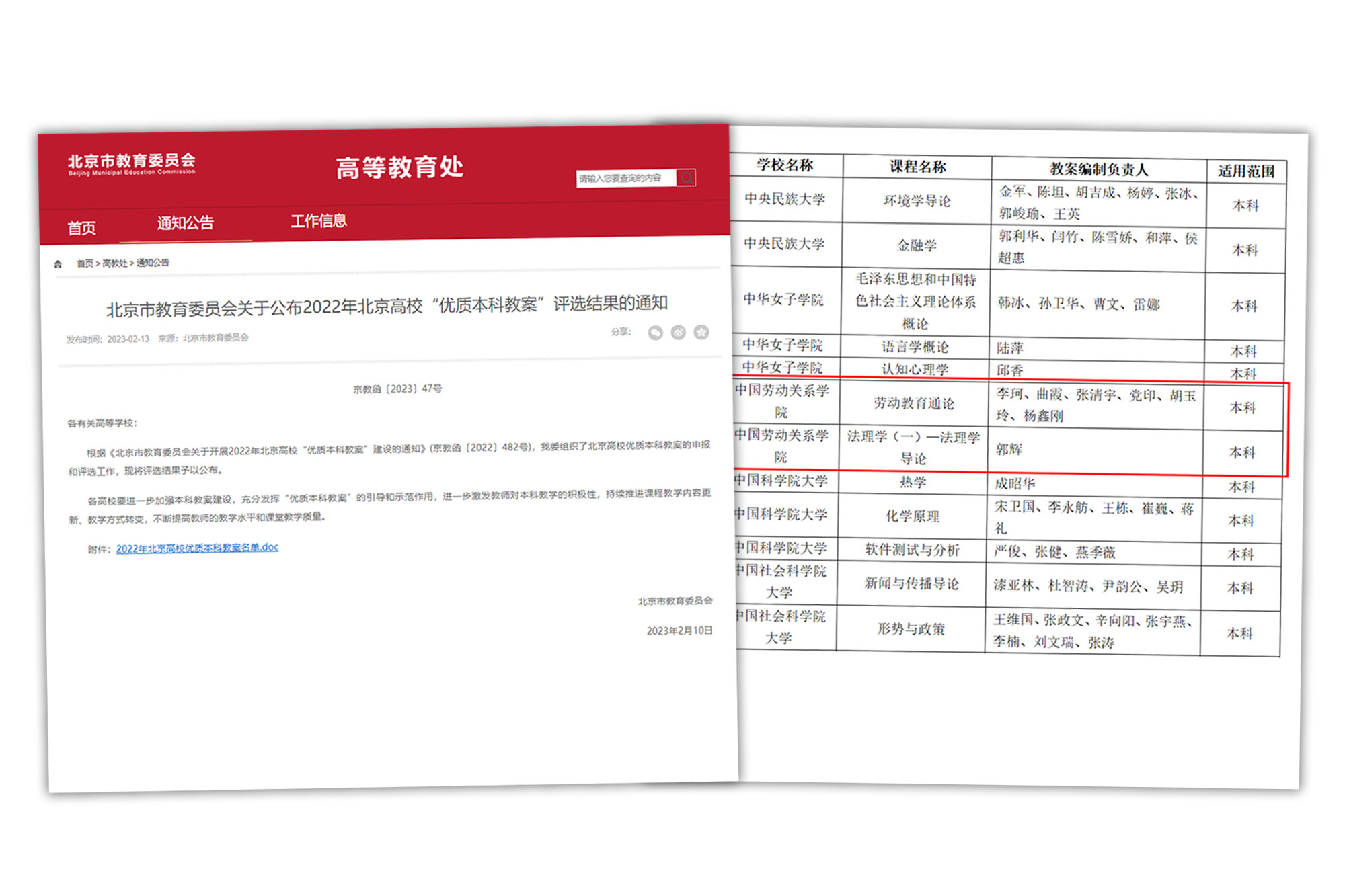 我校2门课程教案喜获2022年北京高校“优质本科教案”